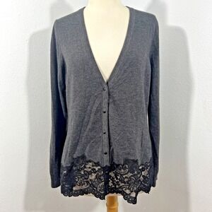 White House Black Market Cardigan Sweater Womens M Gray Lace Trimmed Elegant